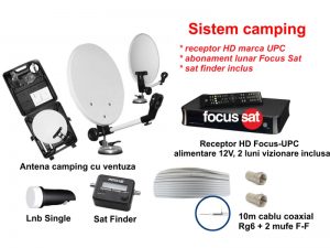 Sistem TV satelit camping cu receptor HD (UPC) si abonament TV FocusSat